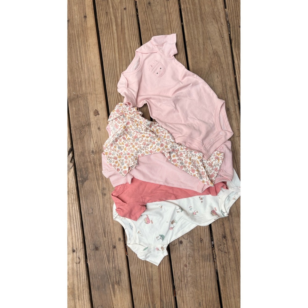 Carters Baby Girls 12M Short Sleeve Bodysuit Lot 5 Pack Pink Floral Stripe Bunny